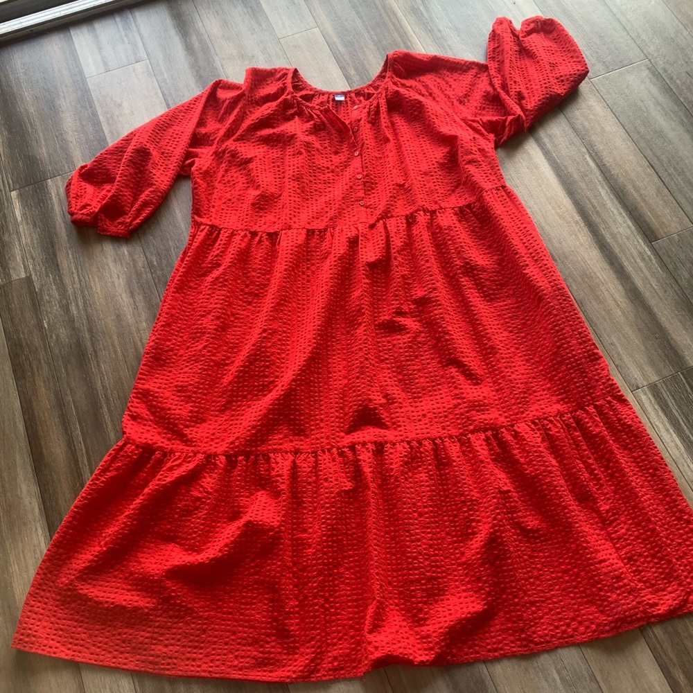 Old Navy Red Textured Button-Front Dress with Pockets